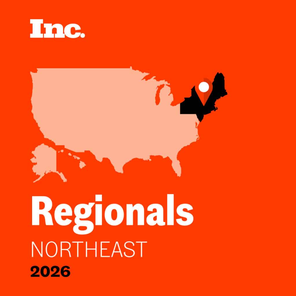 Map of the United States on an orange background, with the Northeast region highlighted in black and marked with a location pin. Text reads: Inc. Regionals NORTHEAST 2026.